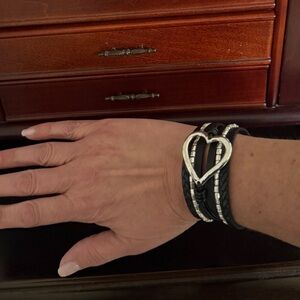 Black and Silver Leather Heart Bracelet